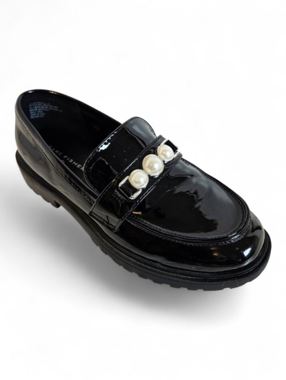 Marc Fisher Kids Loafers Girls 3/1.5 Pearl Band Chunky Lug Patent Leather Black!